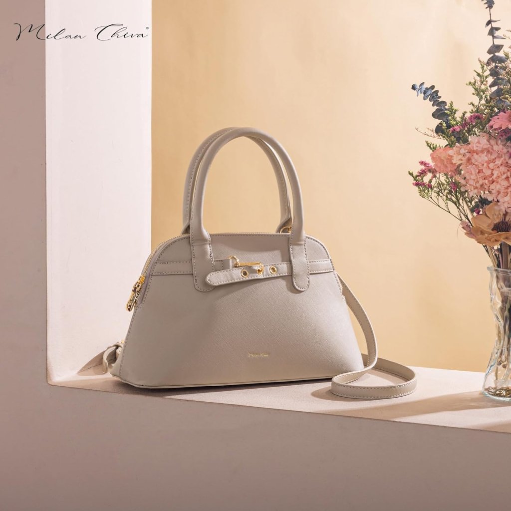 Women's Cream Shoulder Strap Belted Top Handle Designer Crossbody Satchel Bag